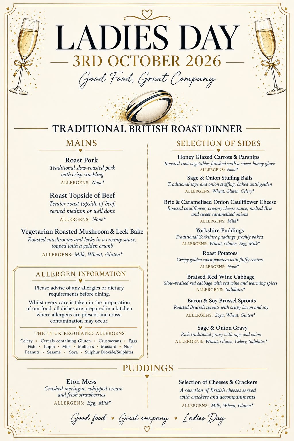 The Ladies Day 2026 menu card: a traditional British roast dinner with mains, sides, puddings and allergen information